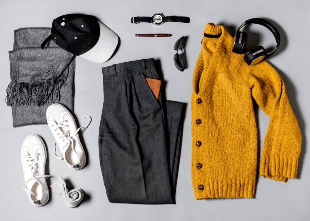 Flat lay of casual clothing: a yellow sweater, gray scarf, black cap, gray pants, white sneakers, sunglasses, headphones, a watch, and a pen.