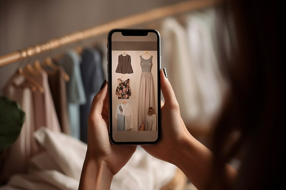 A person holds a smartphone displaying a selection of fashionable outfits while clothing hangs in the background.