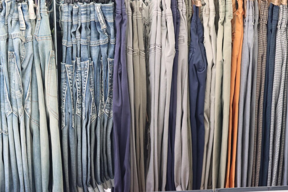 A collection of hanging pants in various colors, including denim, greys, and browns, organized by shade in a clothing store.