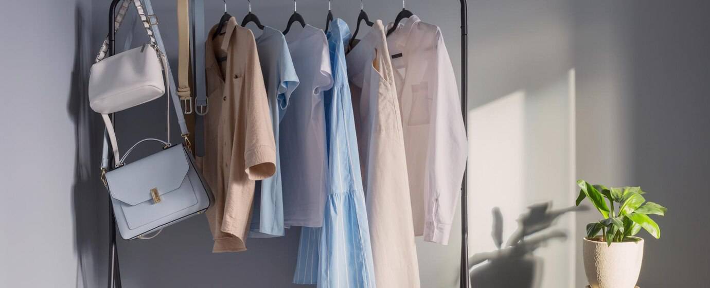 A minimalist clothing rack displays a variety of pastel shirts and dresses, accompanied by stylish handbags and a potted plant nearby.