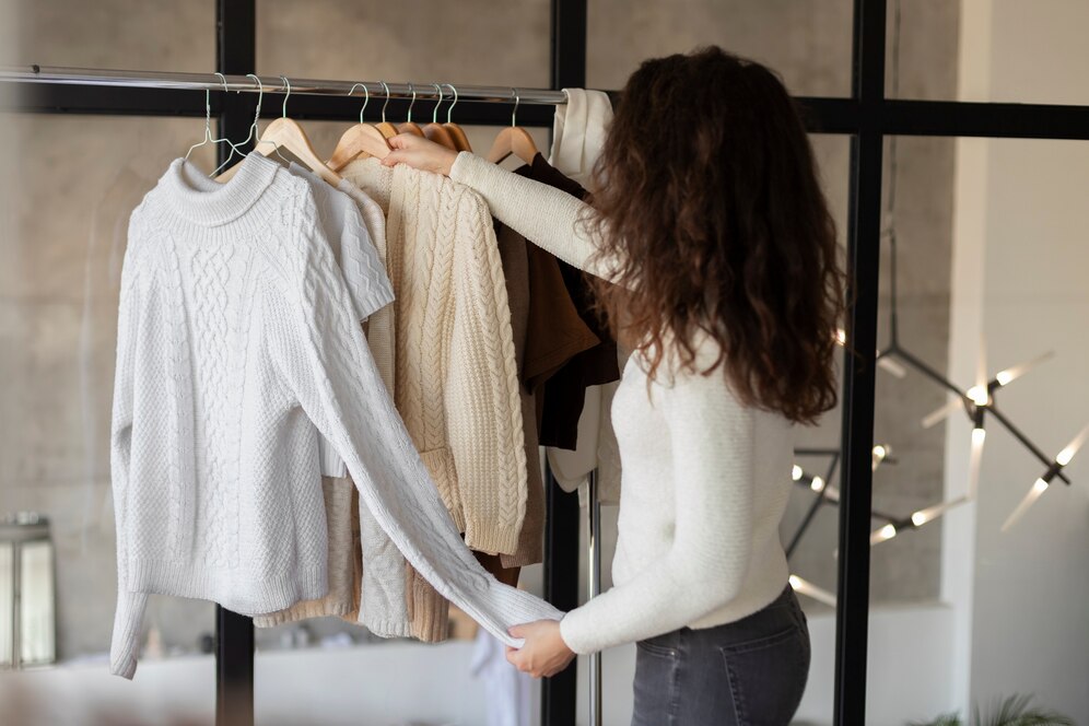 Woman selecting neutral-toned sweaters from a capsule wardrobe rack, representing versatile outfit choices.