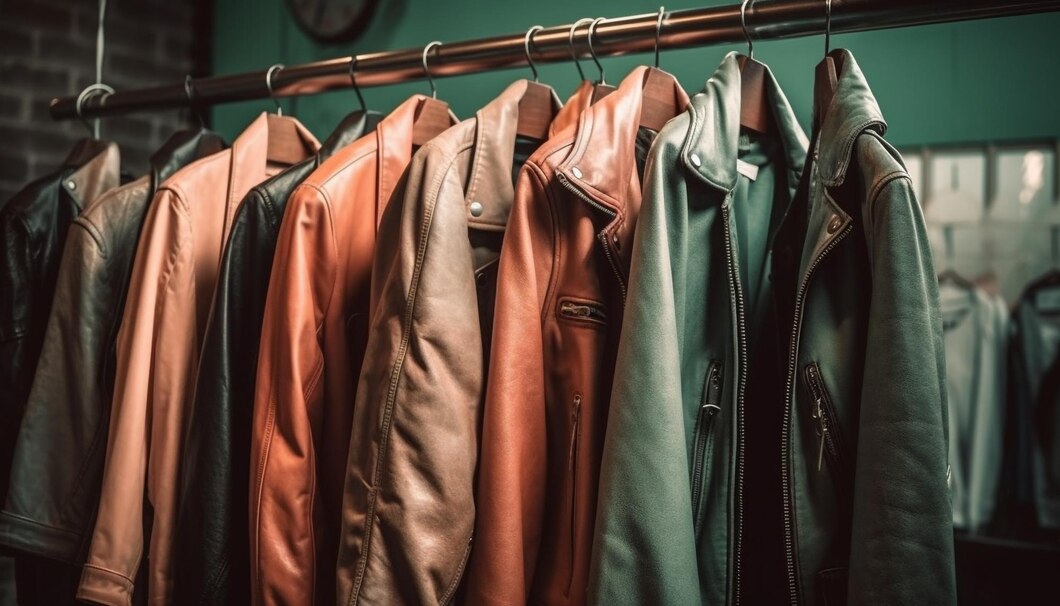 A display of various leather jackets in shades of black, brown, and green, hanging on a rack against a vintage backdrop.