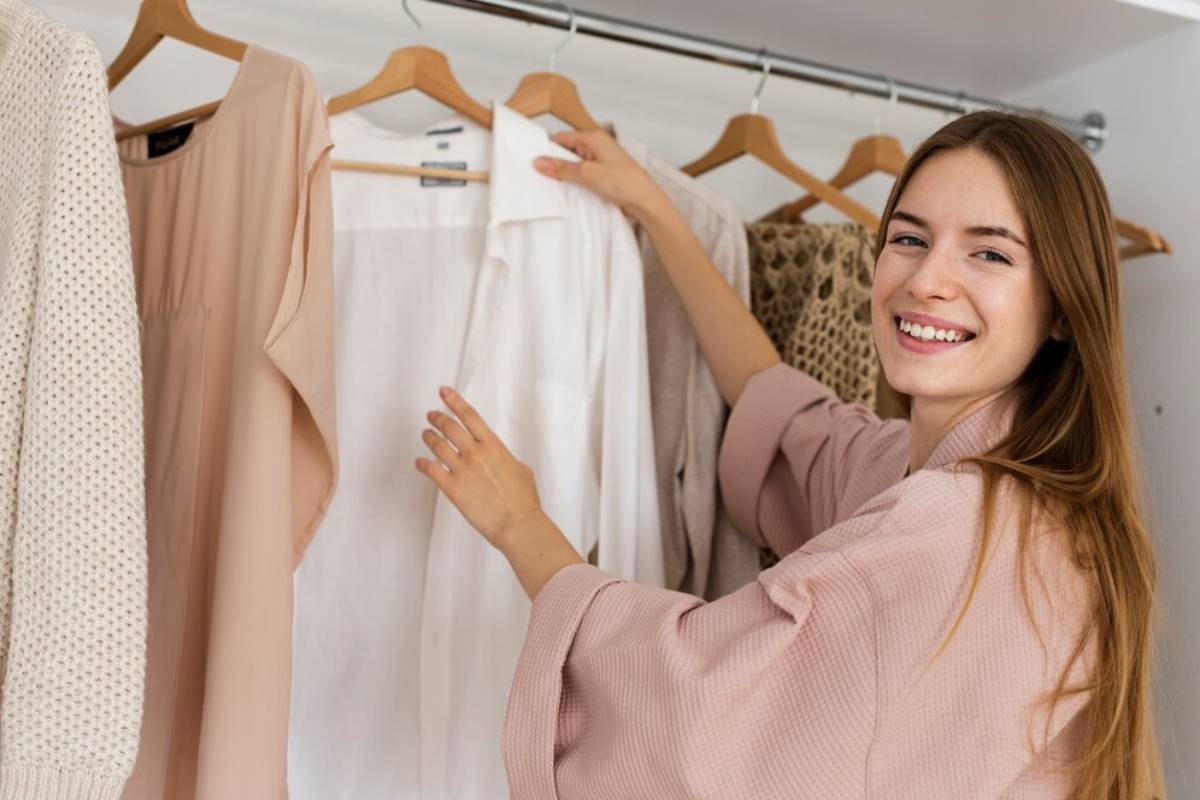Professional woman selecting from a tidy capsule wardrobe, smiling with confidence