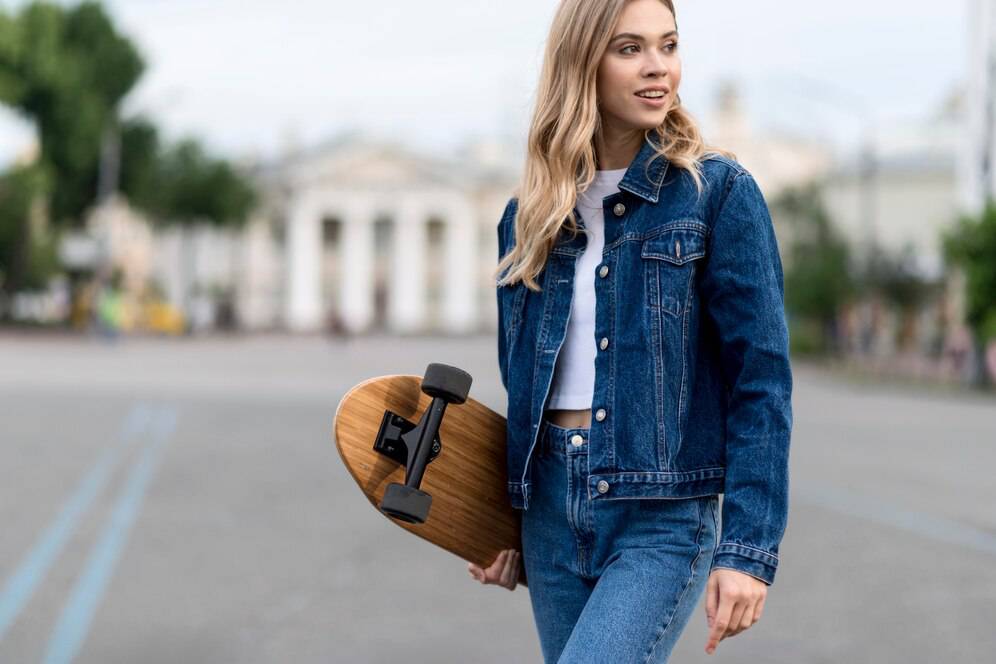 Layered travel outfit with sweater and denim jacket for variable weather