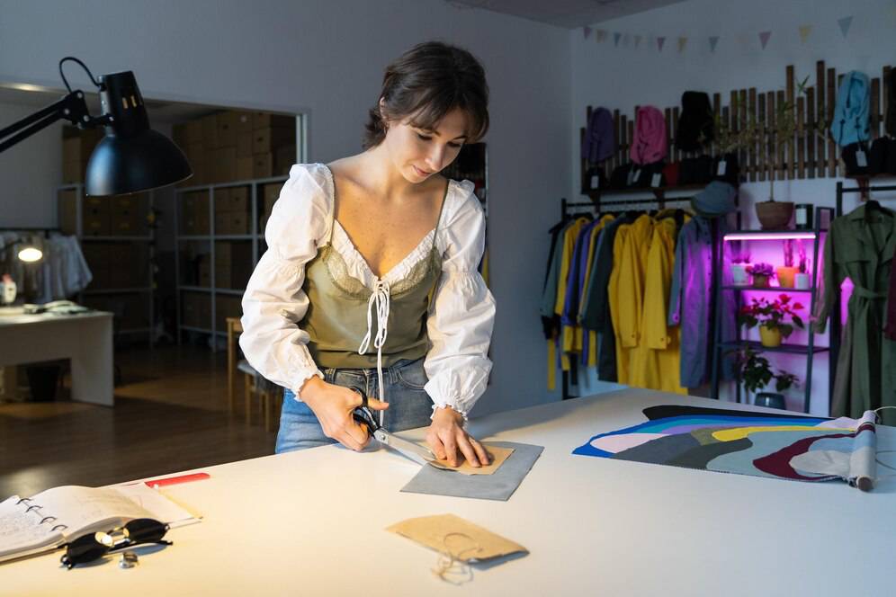A person cuts fabric on a table in a colorful workshop, surrounded by vibrant clothing racks and crafting materials.