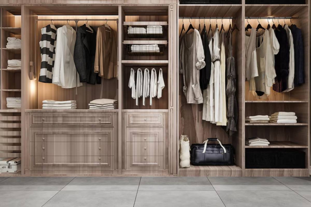Stylish wooden closet with neatly hung clothes, organized shelves of folded towels, and storage bags, showcasing modern interior design.