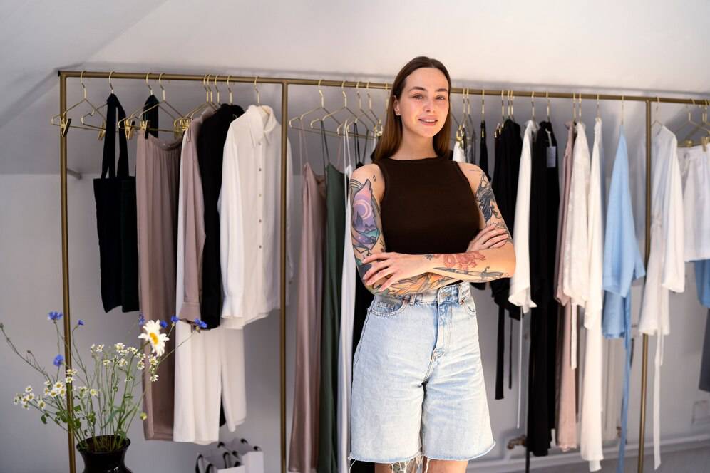 A woman with colorful tattoos stands confidently in a boutique, surrounded by various stylish clothes on racks.