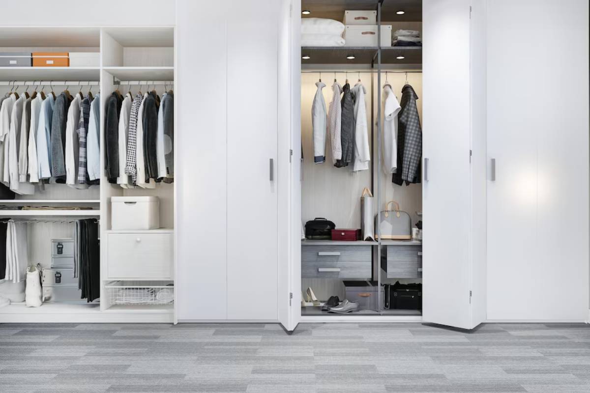 A modern closet showcasing neatly organized clothes, accessories, and storage boxes in a bright, spacious design.