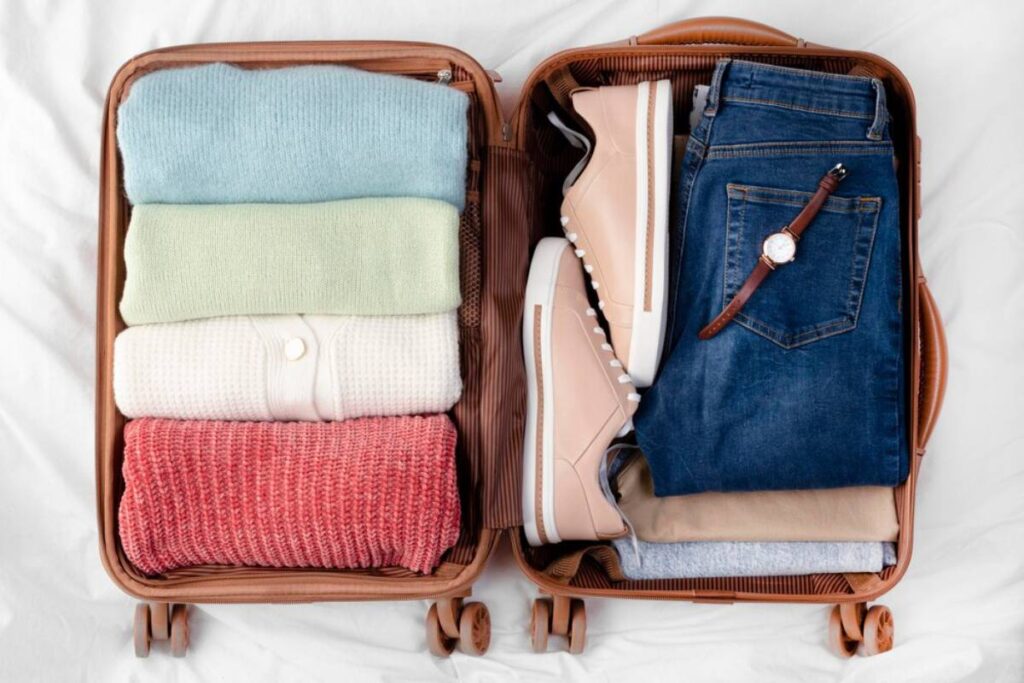 A neatly packed suitcase with folded sweaters, jeans, a watch, and a pair of light sneakers, ready for travel.