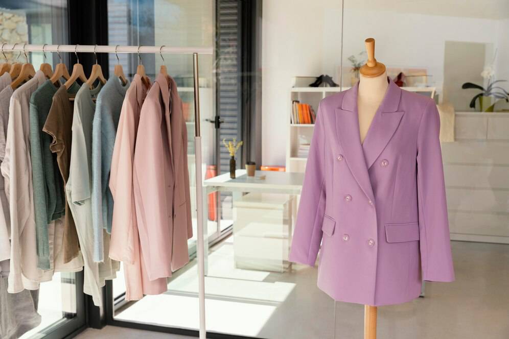 A lavender double-breasted blazer on a mannequin, beside a rack of pastel and neutral clothing in a modern studio setting.