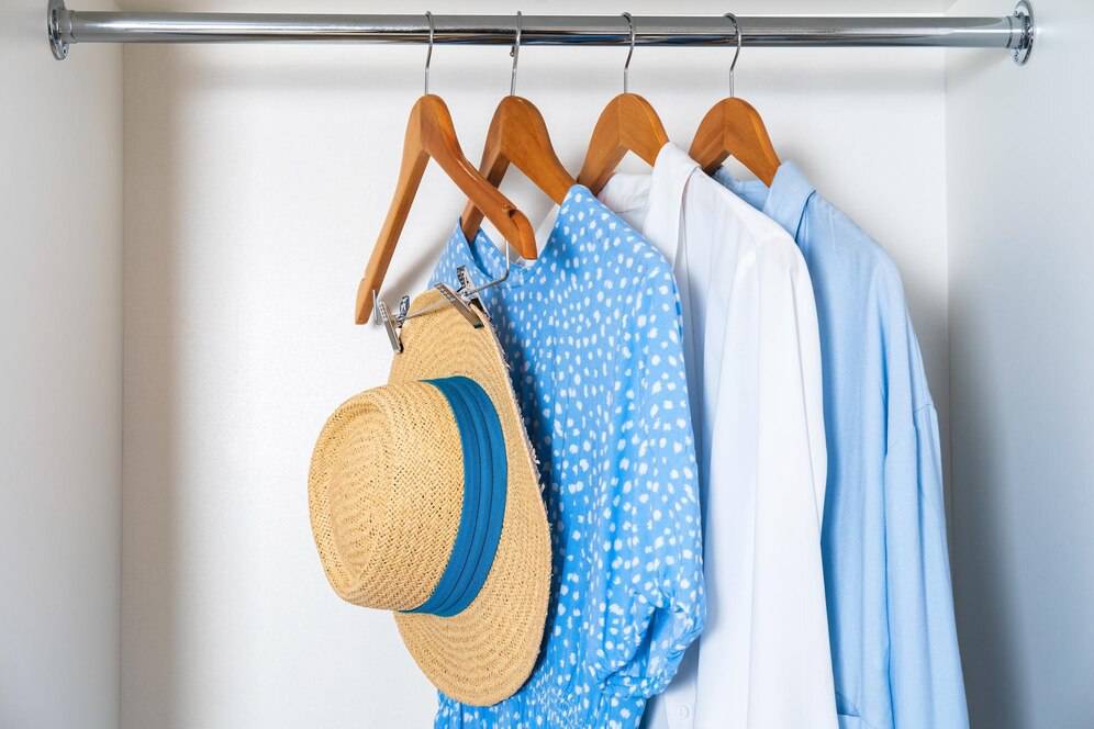 A neatly organized closet with four shirts on wooden hangers and a straw hat with a blue band hanging nearby.