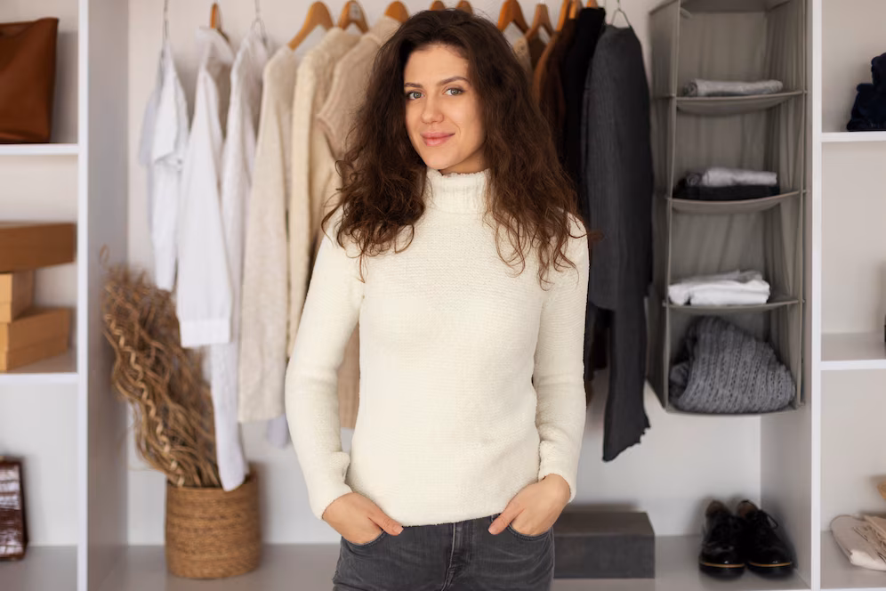 Fashion neutrals including black, white, beige, navy, and grey arranged in a colour palette.