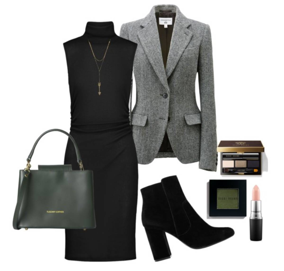 Fashion ensemble featuring a black dress, gray blazer, green handbag, black ankle boots, and makeup products including eyeshadow and lipstick.