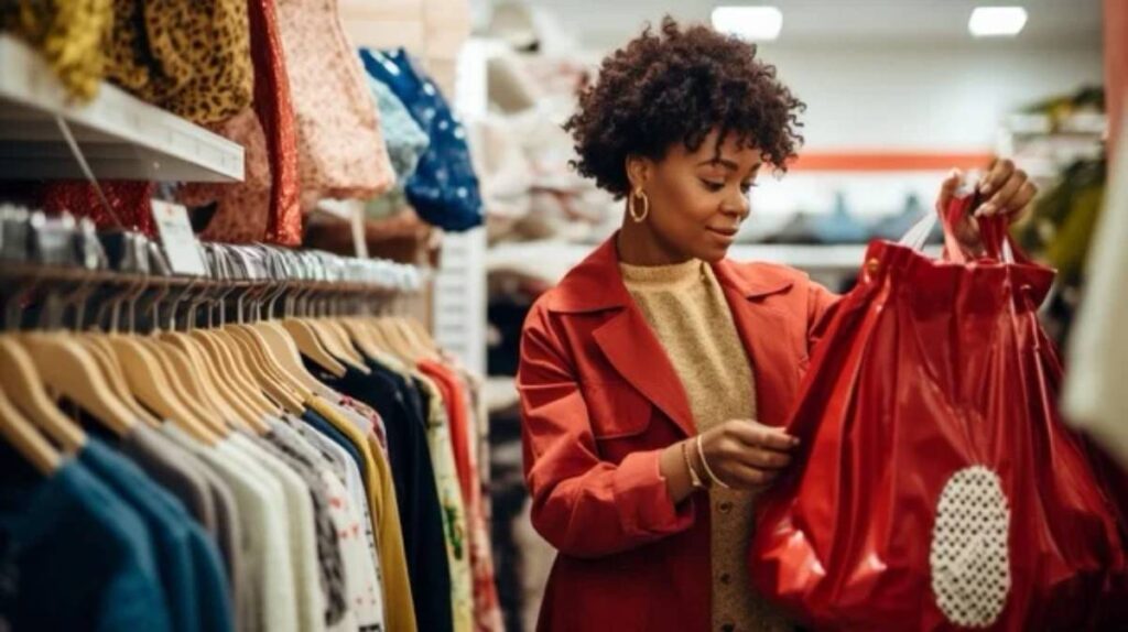 A person in a red coat examines a bright red shopping bag in a clothing store, surrounded by various garments on display.