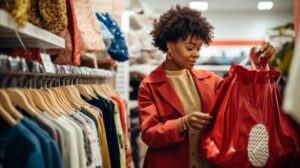 A person in a red coat examines a bright red shopping bag in a clothing store, surrounded by various garments on display.