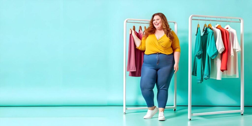 A person in a yellow wrap top and blue jeans stands beside a clothing rack displaying colorful shirts against a mint green backdrop.