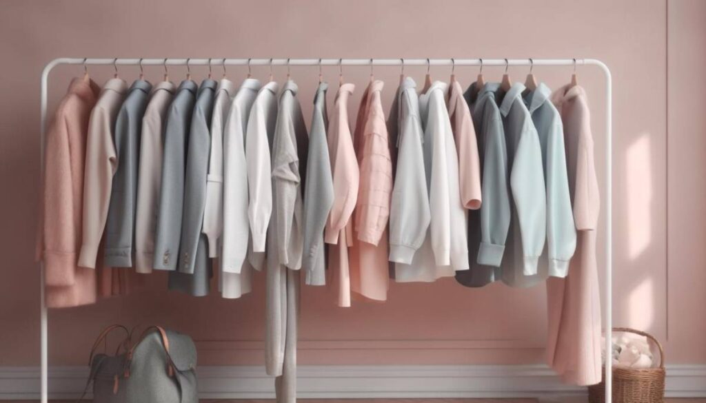 A clothing rack displays a range of pastel and neutral garments, including blazers and sweaters, against a soft pink backdrop.