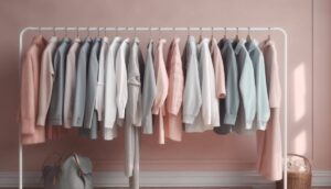 A clothing rack displays a range of pastel and neutral garments, including blazers and sweaters, against a soft pink backdrop.
