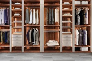 Open closet featuring neatly arranged clothing on hangers and shelves, with elegant wooden panels and a modern design.