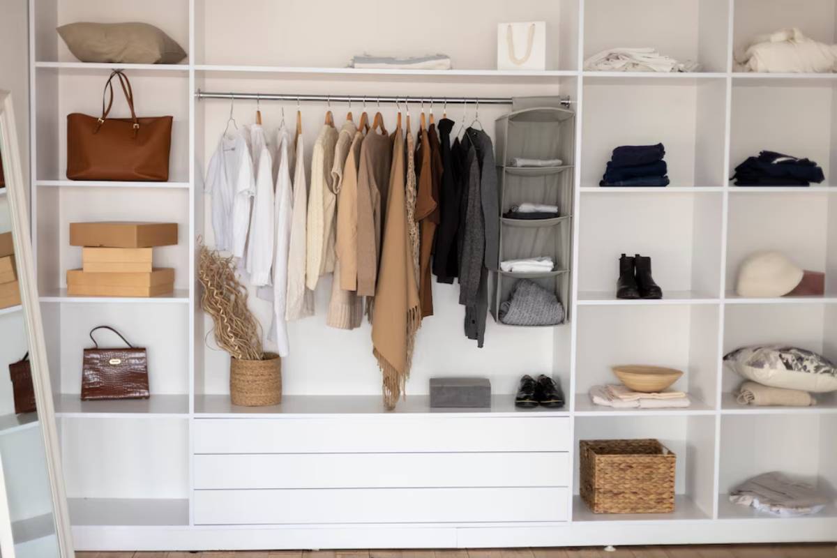 A neatly organized closet featuring clothing on hangers, shelves with bags, boxes, and folded items, creating a minimalist aesthetic.