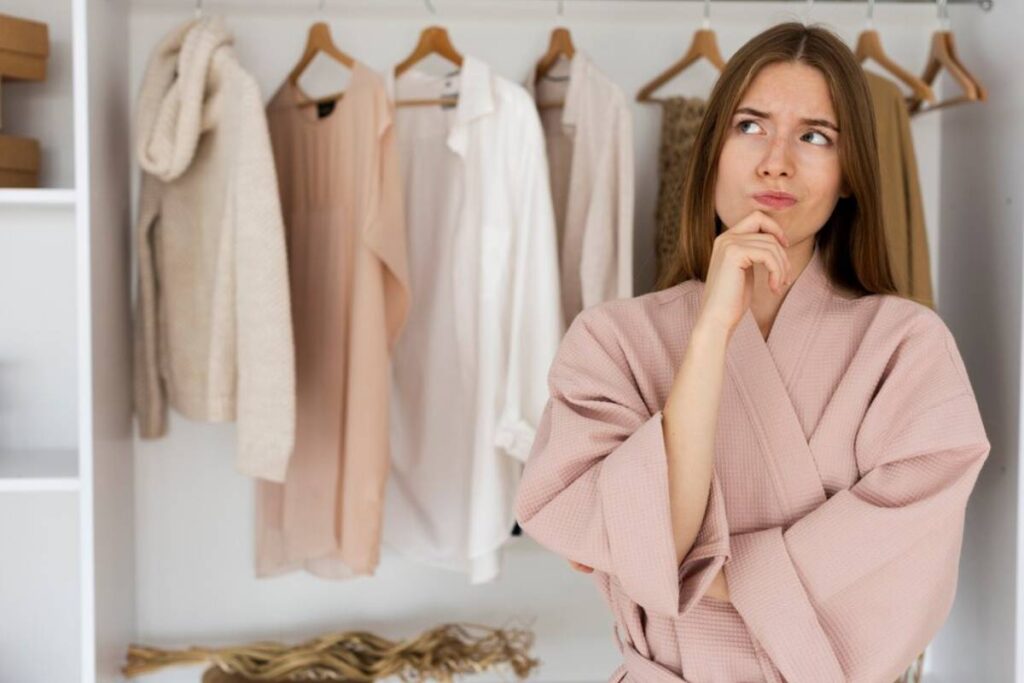 A woman in a soft pink robe stands thoughtfully in front of a wardrobe filled with hanging clothes in neutral tones.