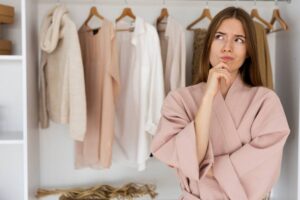 A woman in a soft pink robe stands thoughtfully in front of a wardrobe filled with hanging clothes in neutral tones.