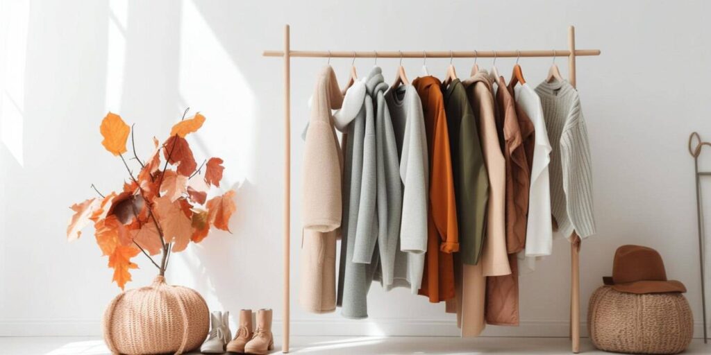 A stylish display of autumn clothing on a wooden rack, with orange leaves and a cozy knitted pumpkin decor beside it.