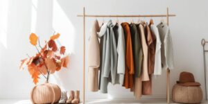 A stylish display of autumn clothing on a wooden rack, with orange leaves and a cozy knitted pumpkin decor beside it.