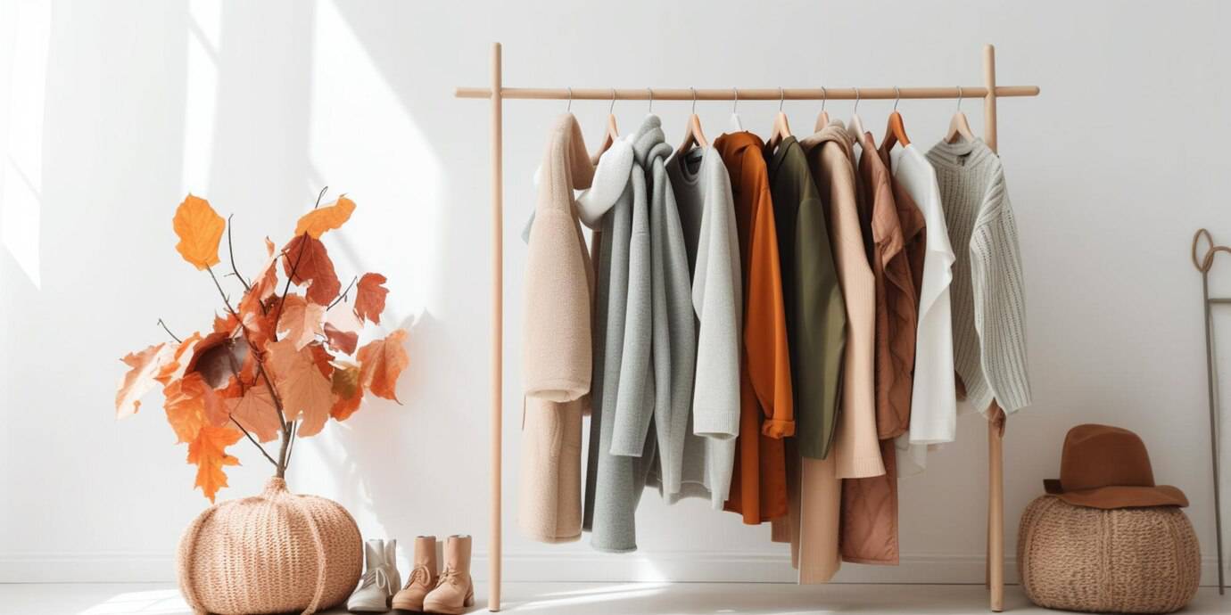 A stylish display of autumn clothing on a wooden rack, with orange leaves and a cozy knitted pumpkin decor beside it.