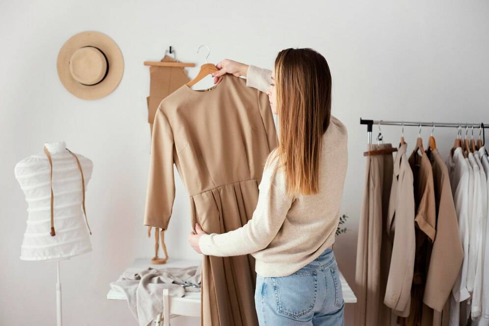 A woman holding a brown dress in a stylish clothing shop surrounded by neutral-toned garments and a hat hanging on the wall.