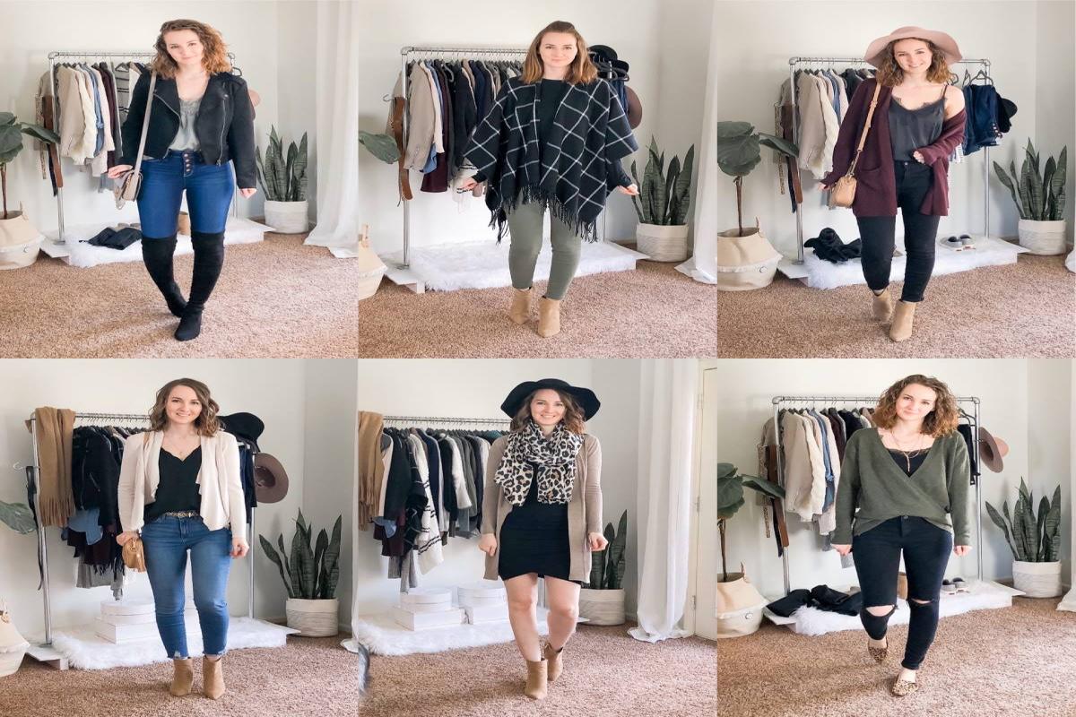 A collage showcasing six outfits on a model, featuring various tops, jeans, and stylish boots against a minimalist wardrobe backdrop.