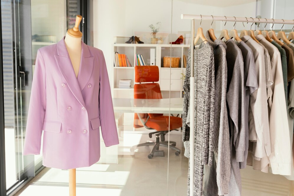 A stylish display of men's suits in various colors hangs in a modern clothing store, with a sleek black chair nearby.